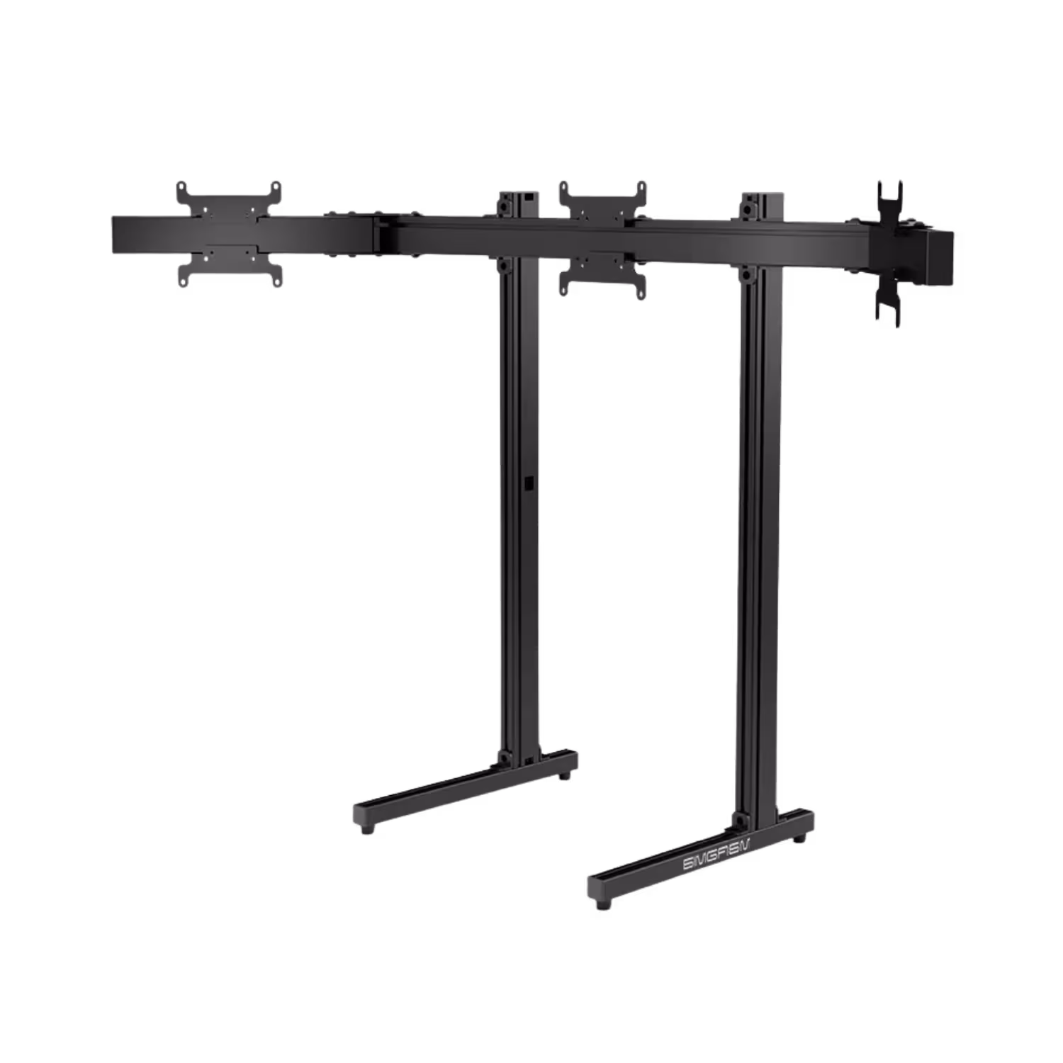 Three monitor brackets spaced across the articulated beam of the black Apex frame